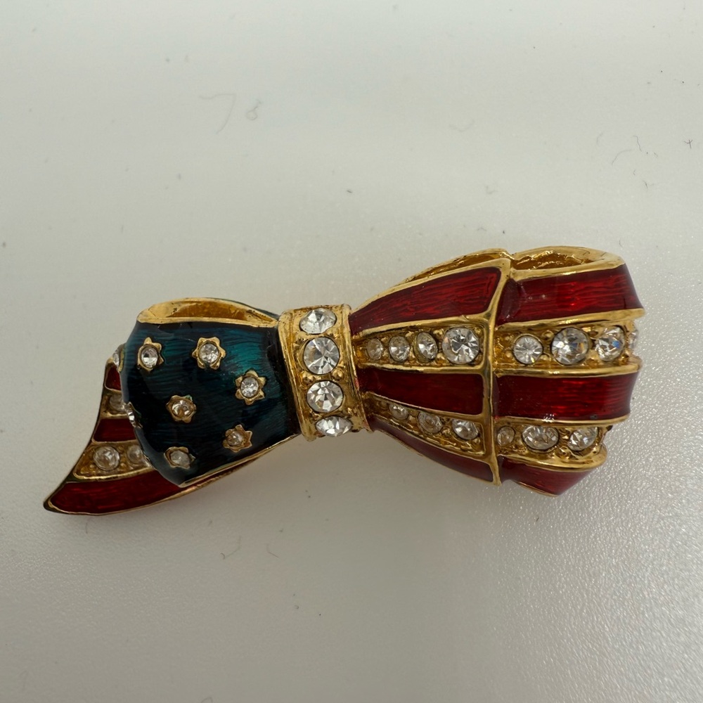 Carolee Gold and Red Striped Bow Brooch